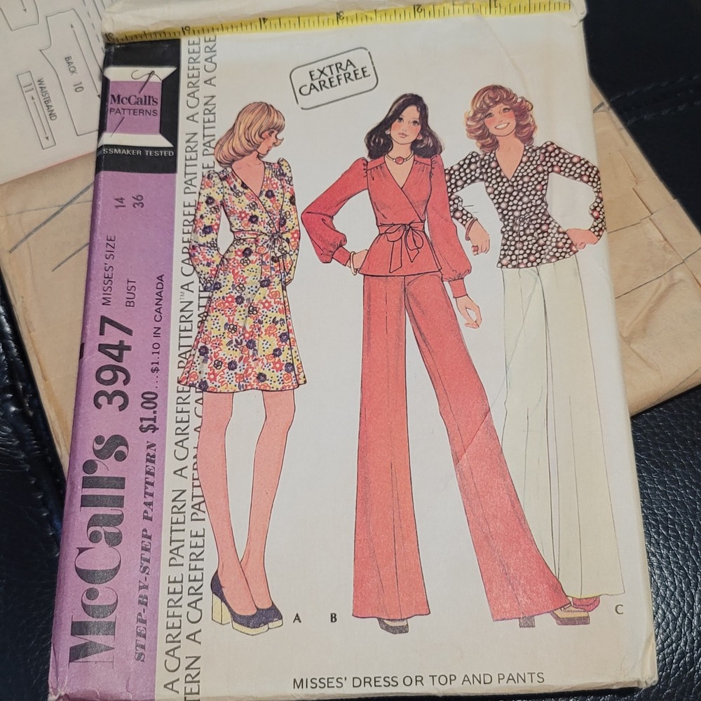 Vintage 1974 McCalls 3947 Wrap Dress Top Wide Leg Pants Pattern Uncut Size 14